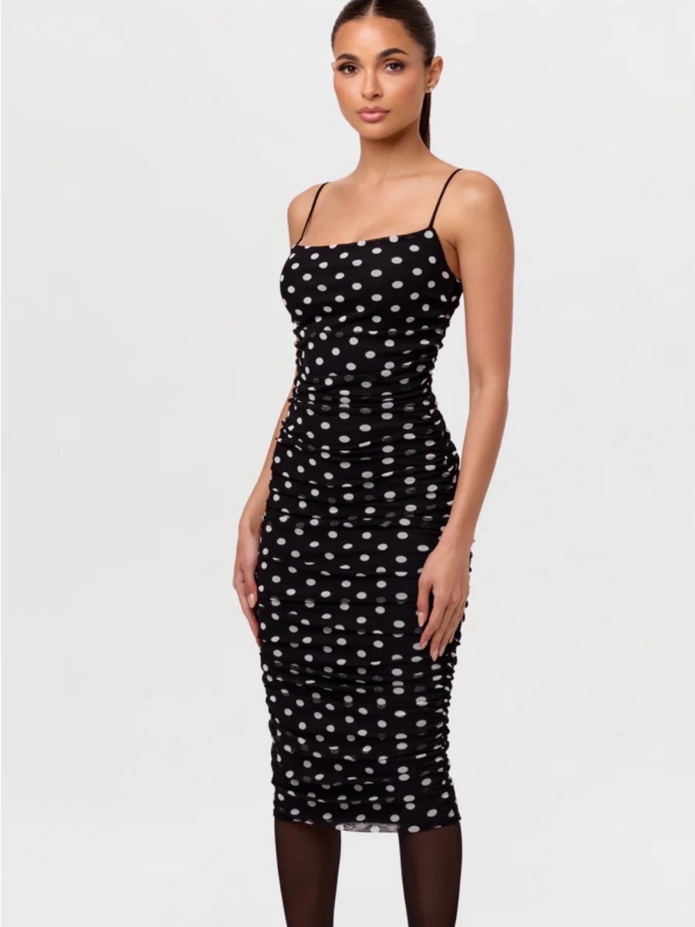 Naked Wardrobe Black Polka Dot Ruched Spaghetti-Strap Midi Dress
